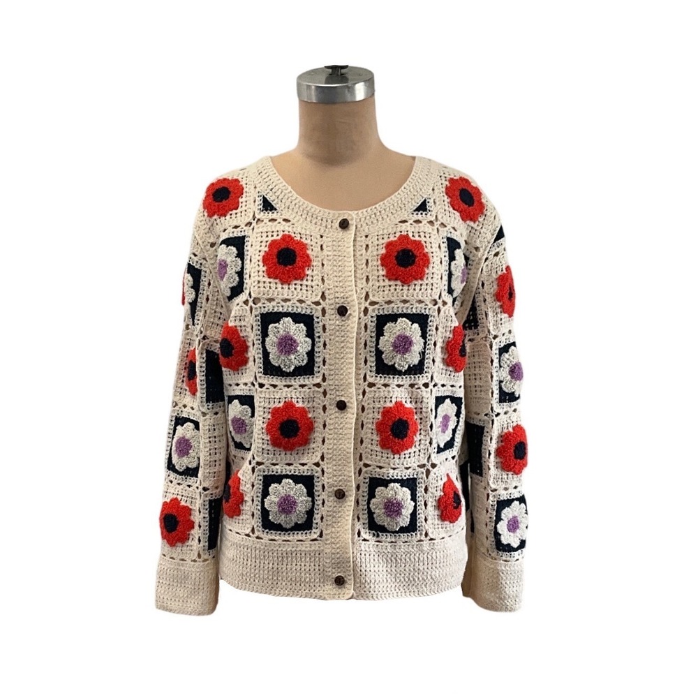 Sapphire Crochet Granny Square Button Front Cardigan Boho Floral Women Size S